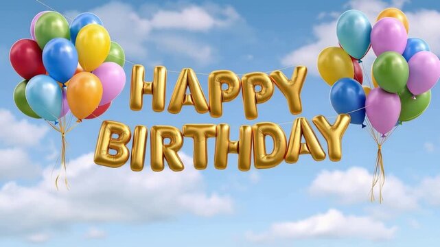 Golden Happy Birthday balloons float in a bright blue sky with fluffy white clouds. ..Created with Generative AI, not depicting real subjects.