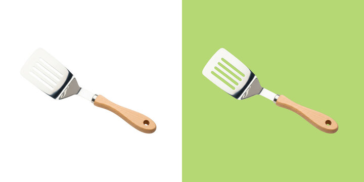 Metal slotted spatula with a light wooden handle for cooking transparent png