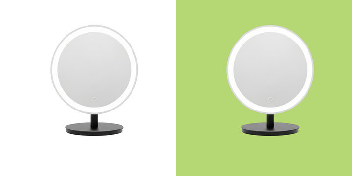 Modern round makeup vanity mirror with ring light on a black base transparent png