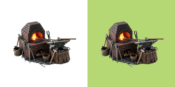 Old brick forge with glowing fire iron anvil and blacksmith tools transparent png