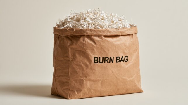 Brown bag filled with shredded paper located in an office space for disposing of sensitive documents