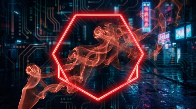 Glowing Neon Red Hexagonal Frame Surrounding Wispy Smoke Effects On Dark Cyberpunk Style Futuristic Background neon red hexagon frame smoke light glowing dark background illuminated futuristic