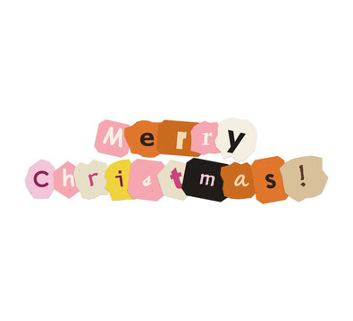 Merry christmas text made of colorful torn paper scraps in a ransom note style