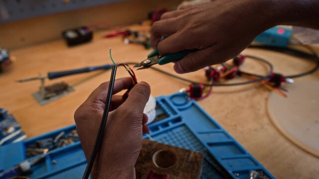 Male technician taking wire cutters from pegboard and cutting wires on robotic component, close up POV shot. Perfect for robotics engineering and electronics manufacturing content