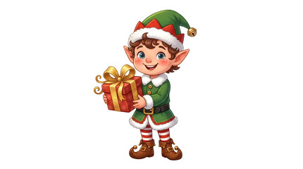 Fototapeta premium Charming Christmas elf character, a festive holiday helper delivering a wrapped gift, perfect for seasonal greetings and winter celebrations, a cute cartoon illustration.