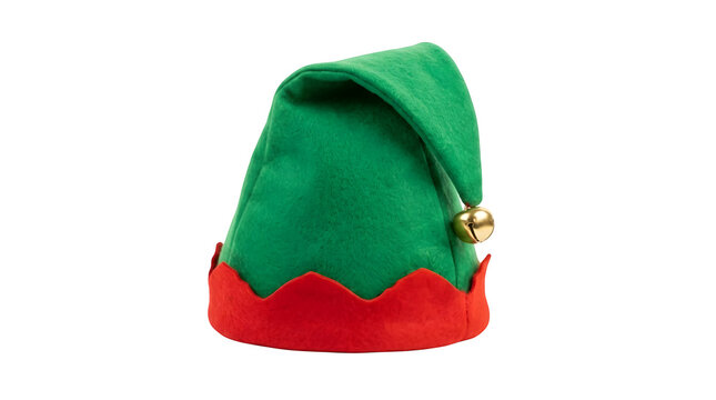 Festive green elf hat with a golden jingle bell, a classic Christmas costume accessory, perfect for holiday celebrations and seasonal cheer.