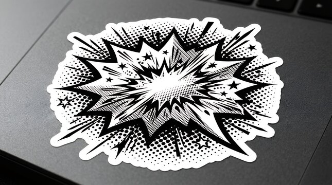 Monochrome Pop Art Explosion Speech Bubble Sticker with Halftone Effect comic explosion speech bubble sticker pop art halftone monochrome black white burst frame dynamic sound effect message dialogue