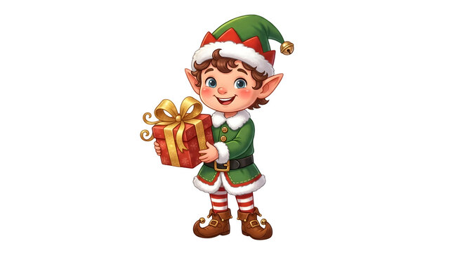 Charming Christmas elf character, a festive holiday helper delivering a wrapped gift, perfect for seasonal greetings and winter celebrations, a cute cartoon illustration.