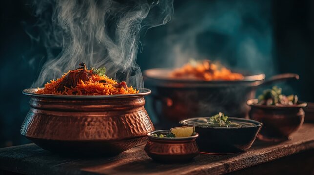 Hot Steam Rising from Mutton Biryani Served in Traditional Copper Handi with Aromatic Spices and Sides