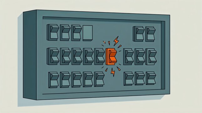 An illustration of a residential circuit breaker panel with one highlighted switch and small spark shapes, rendered in simple geometric blocks with muted slate and warning-orange tones.