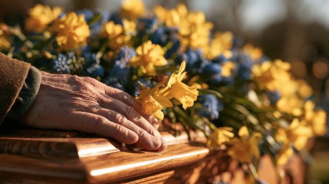 Person places hand on coffin covered with yellow flowers during a memorial service in a serene outdoor setting