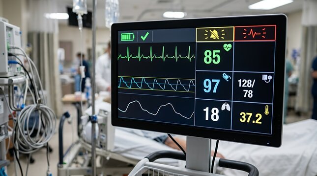 Modern digital vital signs patient monitor display screen in an emergency room showing heart rate graph pulse telemetry and medical status indicators medical monitor vital signs hospital equipment