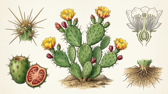 Detailed botanical classification display of a green prickly desert cactus plant showing detailed stem spines and vibrant growing floral elements cactus plant succulent desert flora botany botanical