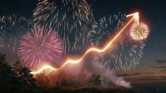 A glowing upward trending graph with an arrow symbol rises against a backdrop of spectacular fireworks in the night sky. ..Created with Generative AI, not depicting real subjects.