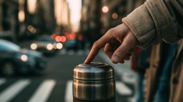 Hand presses crosswalk button on street in a busy city during evening