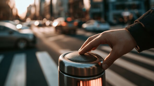 Person pressing a pedestrian button at a busy street crossing during sunset in an urban area