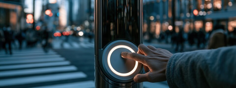 Person pressing a button at a traffic signal while waiting to cross a busy street in a city at dusk