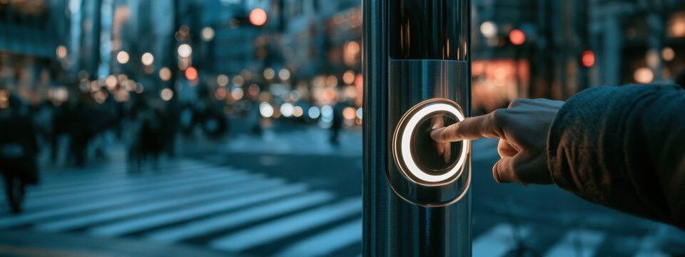 Person presses button at crosswalk in city street during evening time