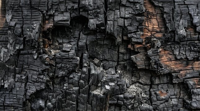 Burned Wood Texture with Heavy Scorched Charcoal Surface and Ash Details