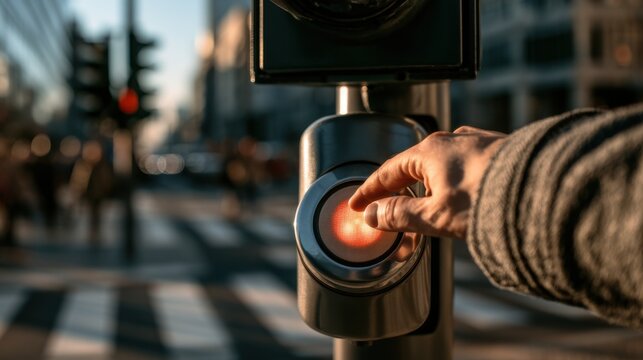 Person presses button at traffic signal in a city during evening time