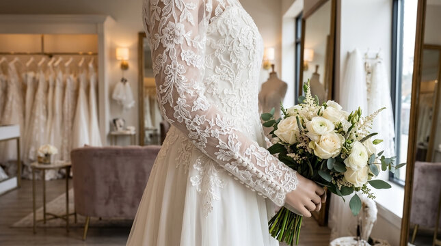 Elegant bridal shop with bride holding flower bouquet. Bridal shop provides luxury dresses and accessories for wedding day. Sophisticated bridal shop for marriage ceremony and fashion photography.