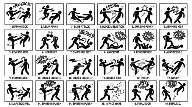 Stick figure action sequence chart showcasing various martial arts fighting moves in professional flat vector design