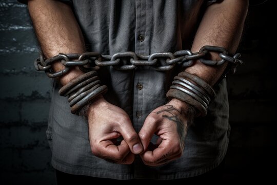 Person's chained hands symbolizing restriction, punishment, and despair
