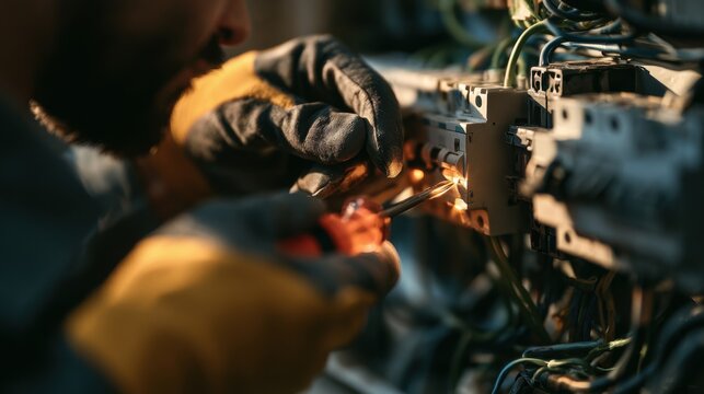 Worker repairs electrical equipment in a facility during daylight hours using tools and wearing safety gloves