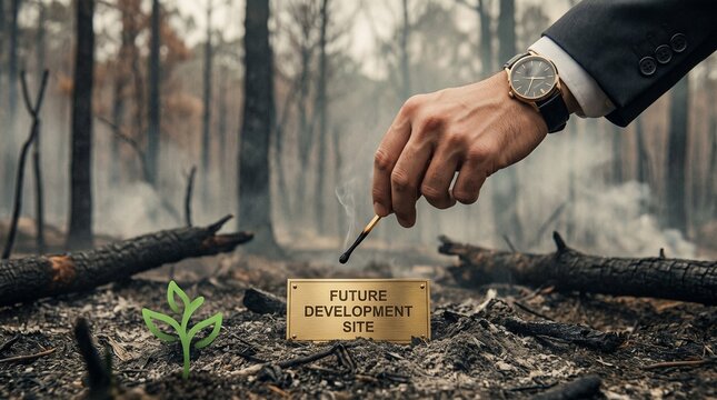 A businessman lights a match above a future development sign in a burned forest, symbolizing deforestation, land exploitation, economic growth, and environmental consequences