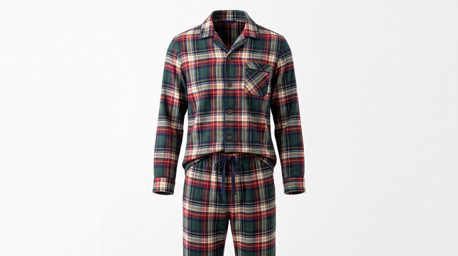 Plaid pajamas set displayed clearly. Traditional plaid pajamas featuring button down shirt and drawstring pants on white background. Quality plaid pajamas for fashion catalog or retail ecommerce.