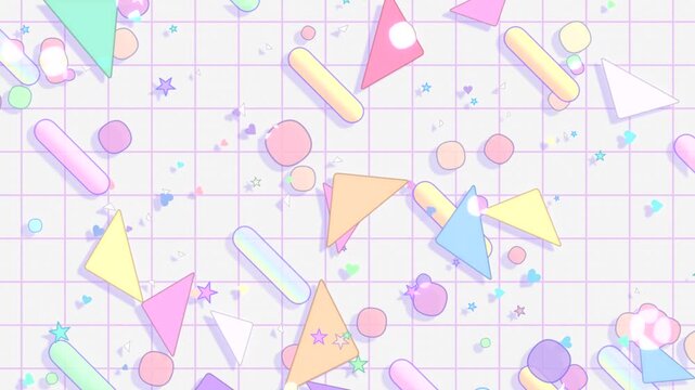 Colorful triangles, circles, rounded rectangles, hearts, and stars moving diagonally against white grid background animation. (loop)