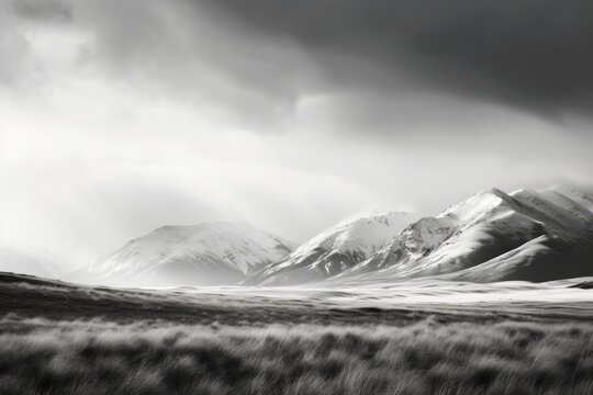 Snow covered mountains rising behind a field of winter grass under a cloudy sky