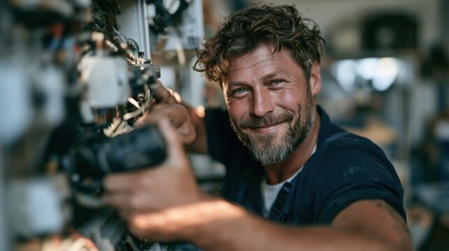 Electrician works on wiring and equipment in a workshop while smiling and holding a tool
