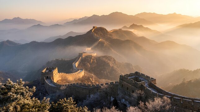 The Great Wall of China winding through misty mountains at dawn.