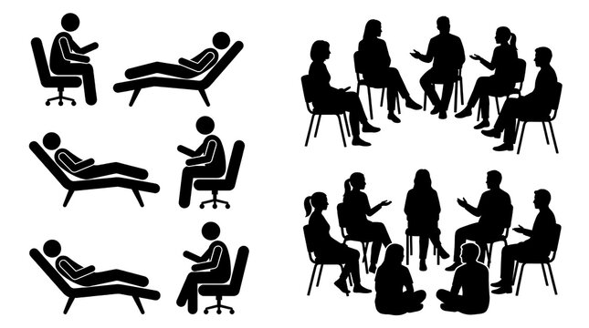 Therapy and support group silhouette icon set.