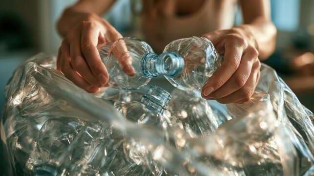 Person recycling plastic bottles in a home setting during the day
