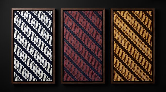 Three framed Indonesian batik patterns on a dark wall.