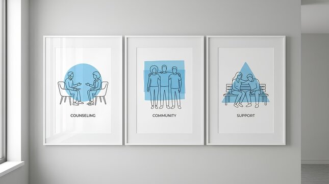 Three framed wall art prints illustrating counseling community and support concepts.