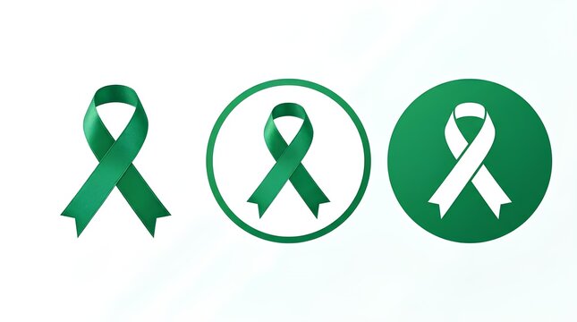 Three green awareness ribbon icons on white background.