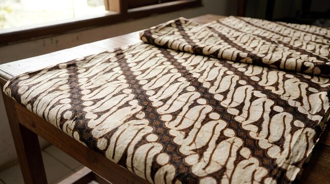 Traditional Javanese batik fabric with parang pattern on wood.