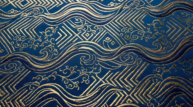 Traditional Japanese wave pattern with gold outlines on dark blue.