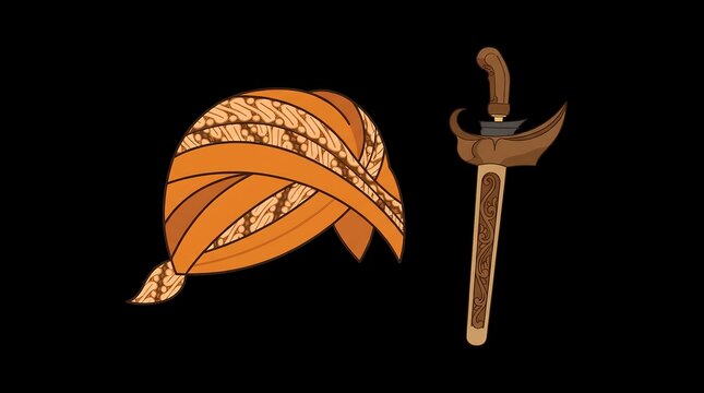 Traditional Javanese blangkon headdress and kris dagger set.