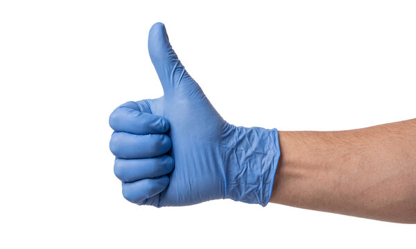 Hand wearing a blue medical glove giving a thumbs up on a transparent background. Concept of approval, safety, hygiene, healthcare and protection.