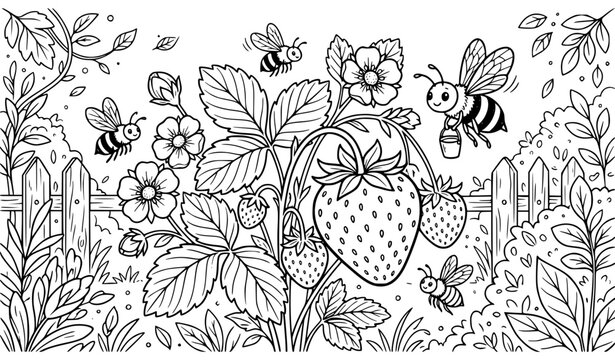 Create a clean black-and-white vector line art coloring page featuring a large ripe strawberry as the central subject, surrounded by five small flying honey bees. Give the strawberry detailed seeds, l