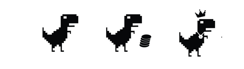 Pixel art retro dinosaur character collection featuring classic t-rex stack of coins and winner with golden crown and number one medal illustration © Roksana393903