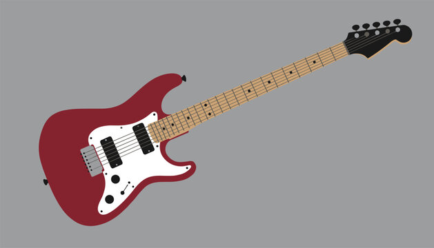 Modern electric guitar featuring a vibrant red body and a natural wooden neck displayed in a minimalist graphic style.