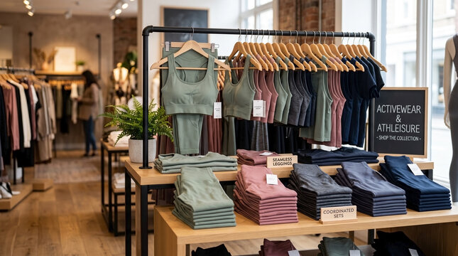 Sports bras in activewear store on rack and table. Bright activewear store layout presents fitness apparel, yoga tops, athletic collection. Stylish activewear store space ideal for wellness marketing.
