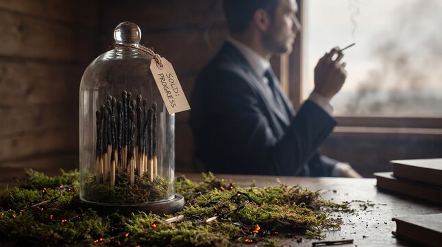 Burned matches displayed under a glass dome with a sold progress tag, symbolizing completed destruction, business decisions, and the environmental consequences of development