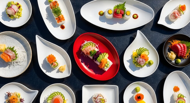 Assorted sushi plates a vibrant overhead view of japanese culinary art