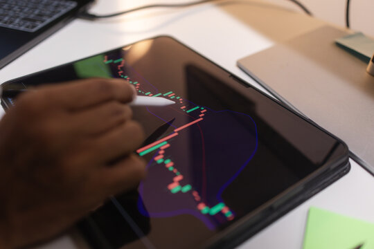 Professional trader analyzing stock market charts on laptop, tablet, and monitor while reviewing candlestick patterns, technical indicators, and market trends to support informed investment decisions.